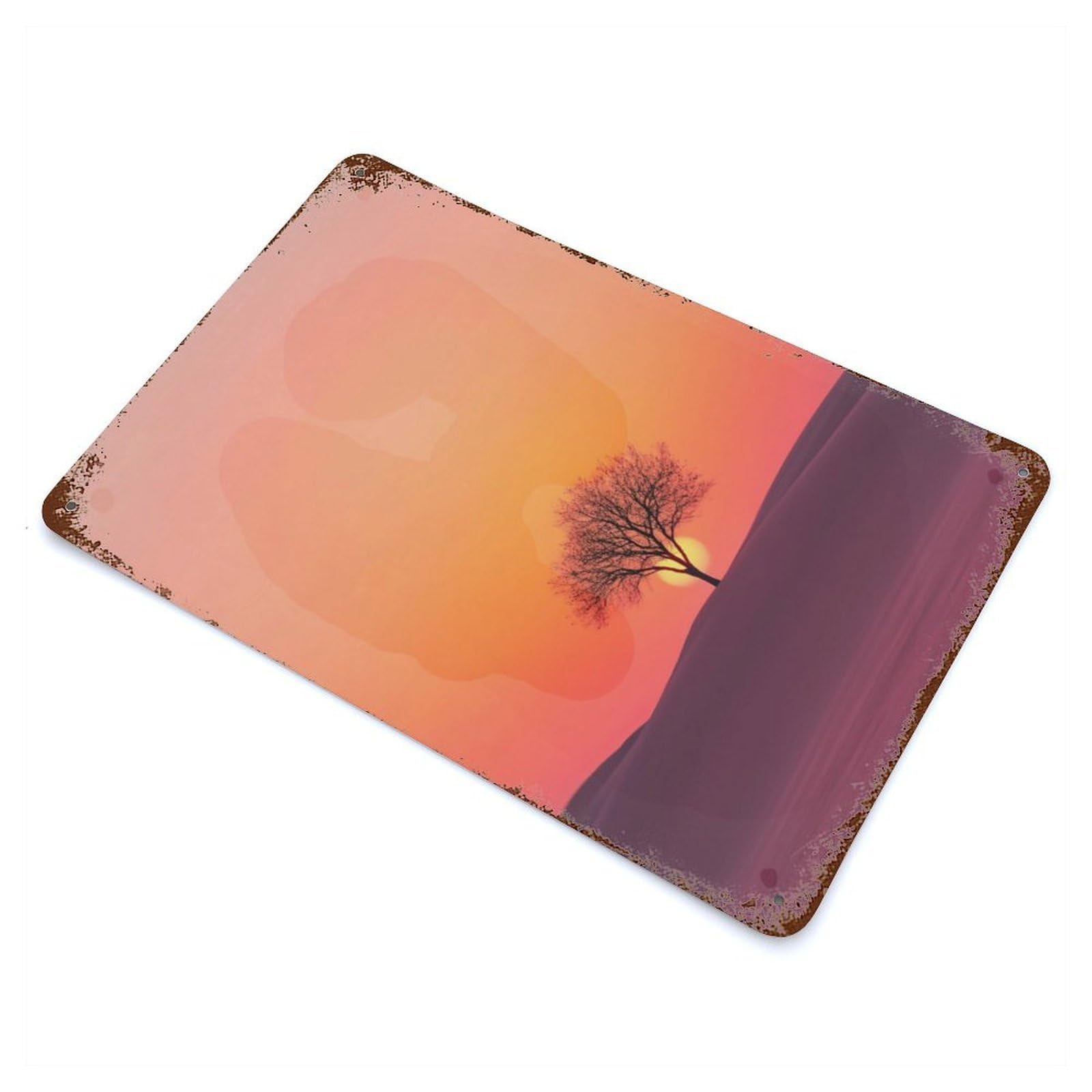 Rusty Metal Tin Sign Silhouette Tree Sunset 11.8"x7.9", Industrial Home Decor for Patio, Garden Room And Bar Decor