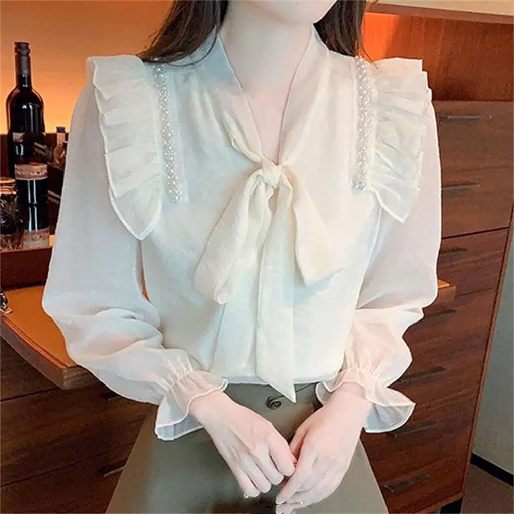 Blusa de manga larga para mujer, cuello de lazo, volantes, gasa, blusa regular