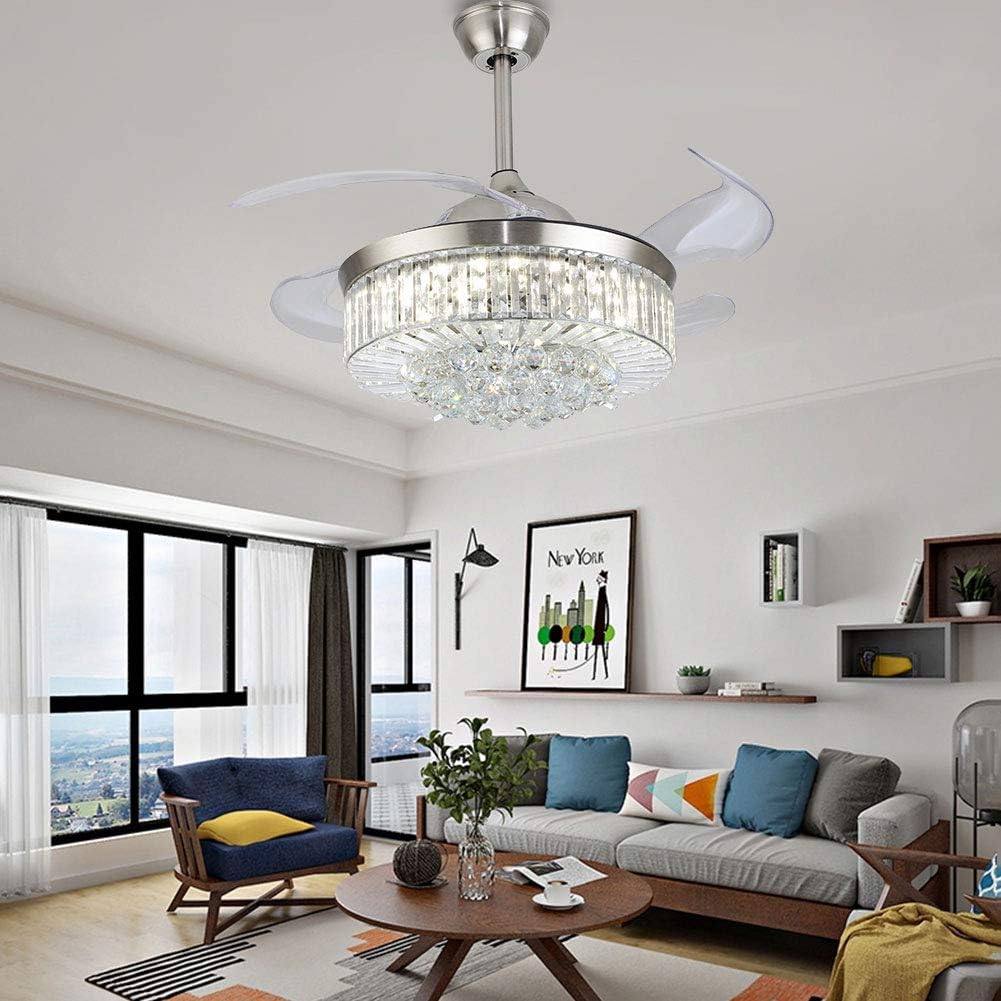 Bеѕt Prоmо Modern Dimmable Crystal Ceiling Fan with Lights and Remote Invisible Retractable Chandelier Fan Light LED Ceiling Light （36 inch） (Silver)