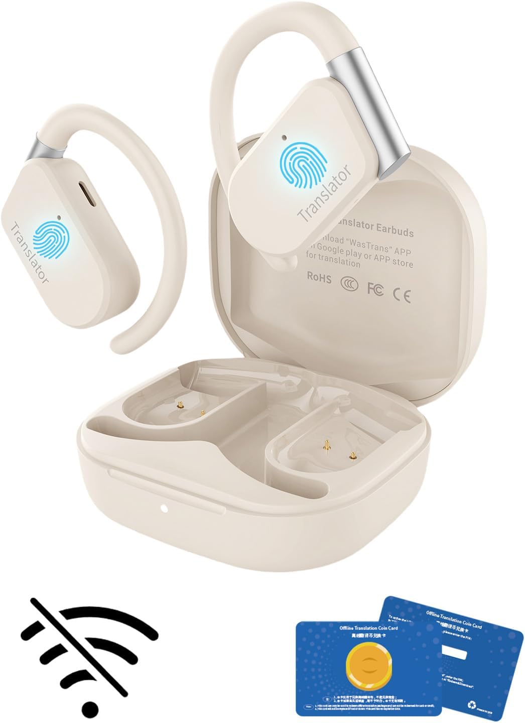 Wooask M9 Translation Earbuds, Translator Earbuds Two-Way for 144 Languages and 11 Offline Translation Packs, 3-in-1 Real-Time Translator for Travel Business Learning (Beige, Offline Version) - Amazon product rated Grade B