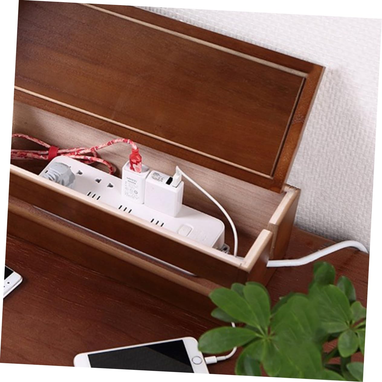 Scatola per Cavi Organizer Legno Marrone Caffè 1 Pezzo | Paulownia , Design Struttura Traforata Multifunzionale per Dissipazione del Calore , Ordine per Cavi e Adattatori