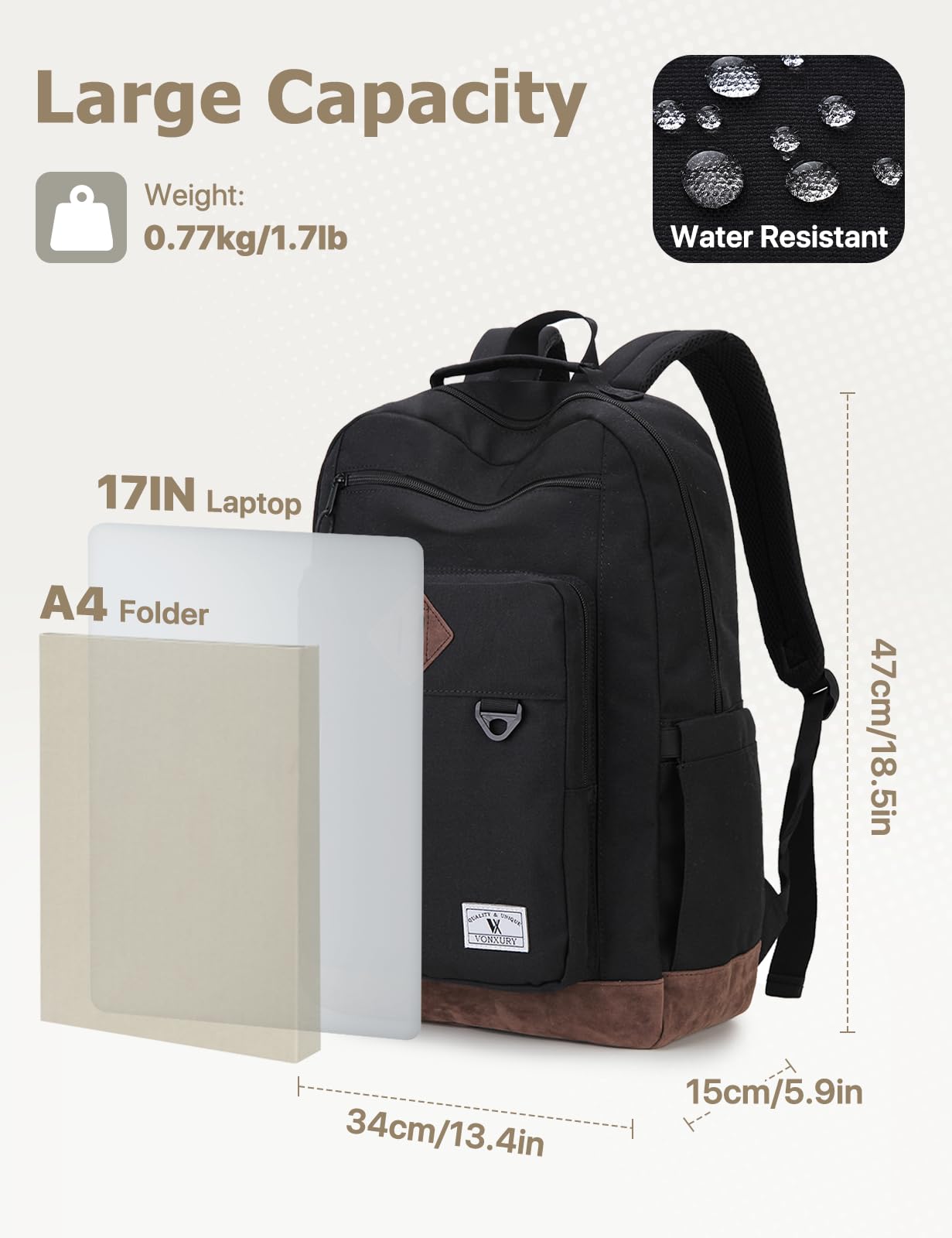 VX VONXURY 17 Zoll Schulrucksack für Teenager,Herren und Damen | Ca. 24 L Volumen, großes Laptopfach, viel Platz für Bücher; wasserabweisend für Schule, Uni und Arbeit