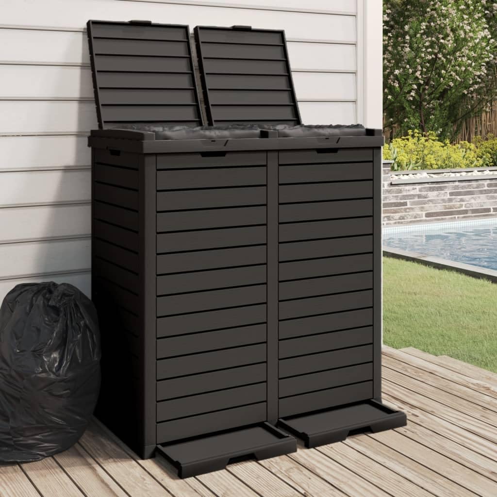 vidaXL Poubelle d'Extérieur, Bac à ordures avec Double Couvercle, Poubelle avec 2 Seaux Parc Jardin Terrasse Patio, Noir Polypropylène