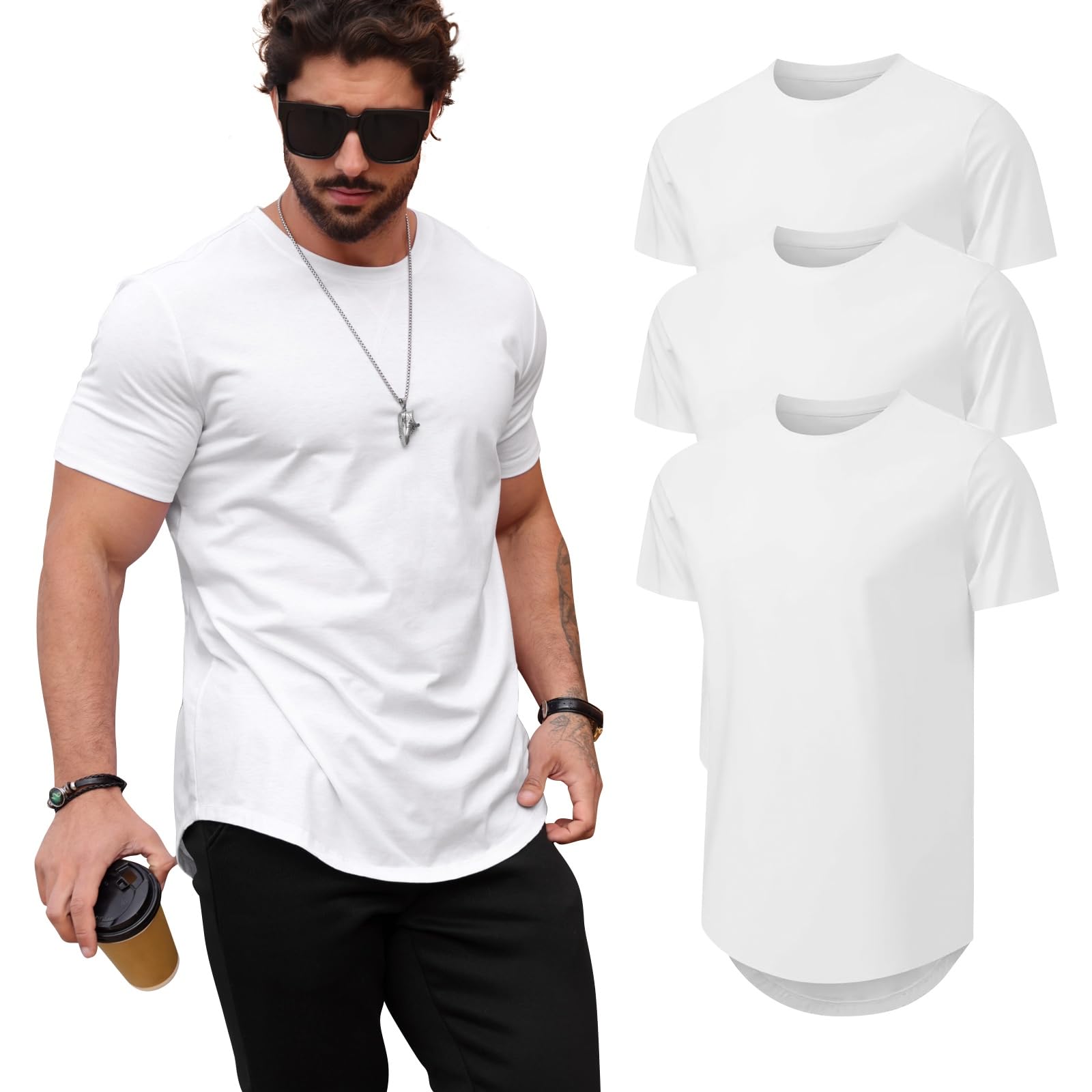 Mancozy Mens T Shirts Casual Hipster Hip Hop Longline Crewneck Tee Shirts