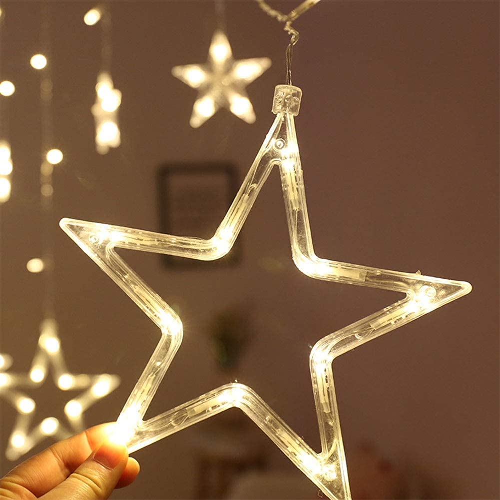 Luces de cortina de Navidad con 12 estrellas, 138 LED, cadena de luces de estrella funciona con pilas, luces LED para ventana, luces de hadas para Navidad, boda, fiesta, (blanco cálido)