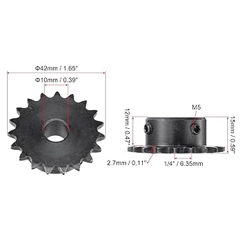 Mechanical Roller Chain Sprockets Uxcell 20 Tooth Roller Sprocket B Type, #25 Chain, Single Strand 1/4" Pitch, 19mm Bore Black Oxide C45 Carbon Steel With Set Screws For ISO 04C Nitro Chain