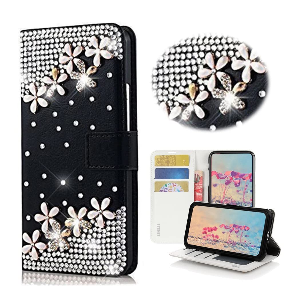 STENES Bling Wallet Phone Case Compatible with Samsung Galaxy S10 Lite - Stylish - 3D Handmade Flowers Floral Design Magnetic Wallet Stand Leather Cover Case - Black