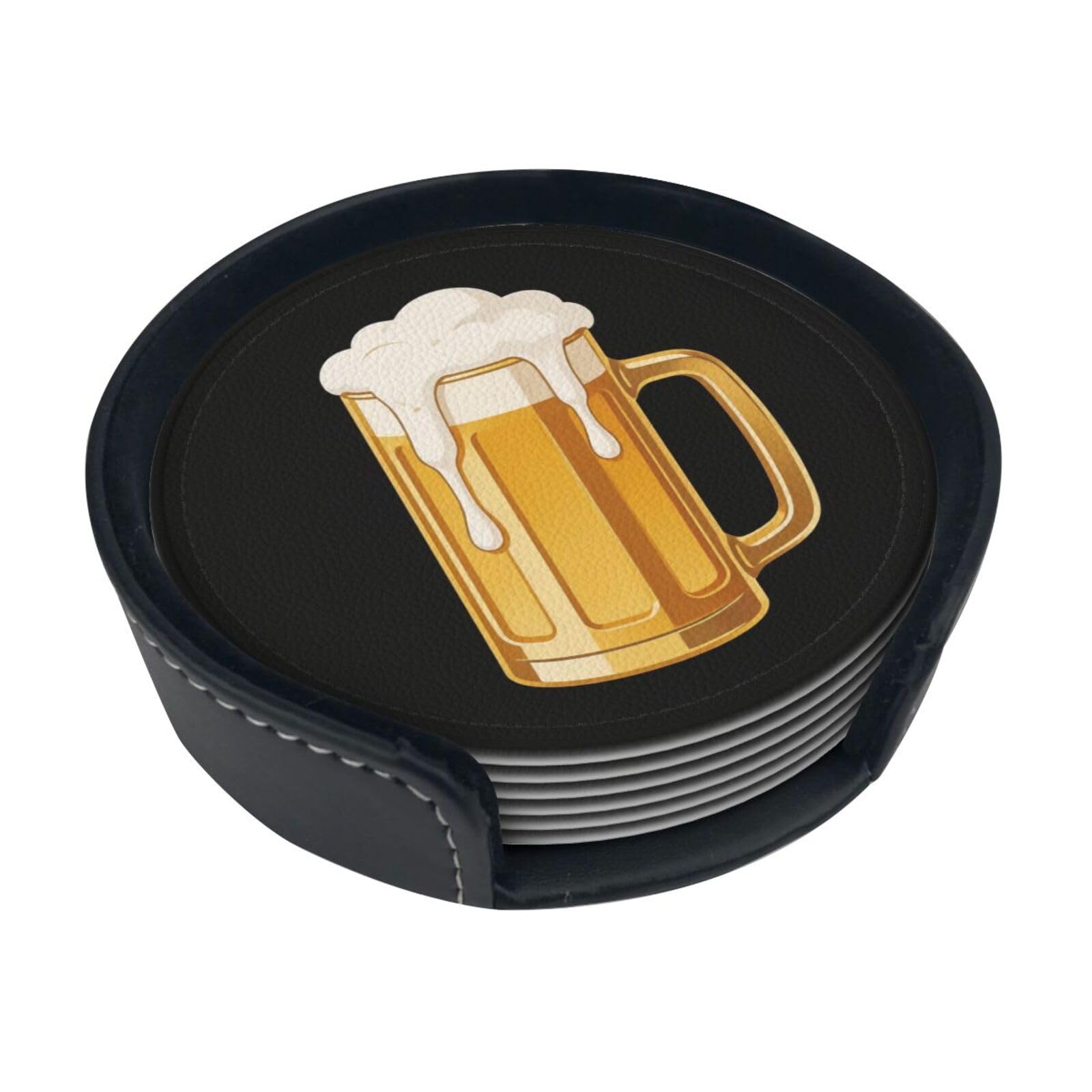 Cntdbu White Beer Mug Leather Coasters Set Of 6-Pu Leather Drink Mats For Table, Heat Resistant Round Coasters With Holder