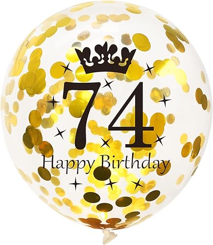 Miniatura 2 de SHUNTAI Globos dorados y negros de 74 cumpleaños para decoración de cumpleaños de 74 años para hombres y mujeres, globos de látex con confeti de 74