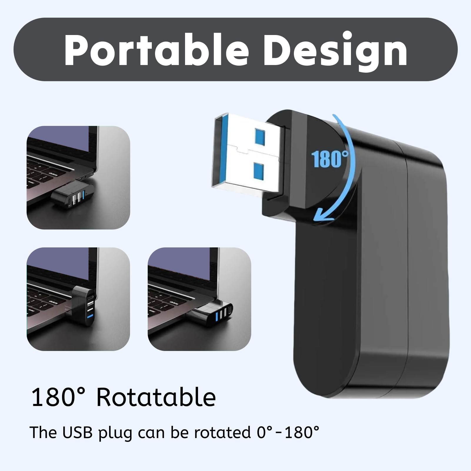 Mini Hub USB z 4 portami USB 3.0 i USB C, obracany o 90°/180° rozdzielacz USB, mini hub kompatybilny z laptopami, komputerami PC, MacBook, samochodem, przenośnym rozdzielaczem laptopa do