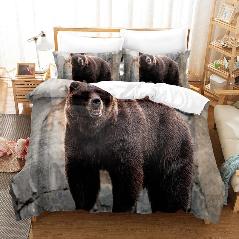Housse de couette 140x200 microfibre parure de lit ours gris 3D 2 taies