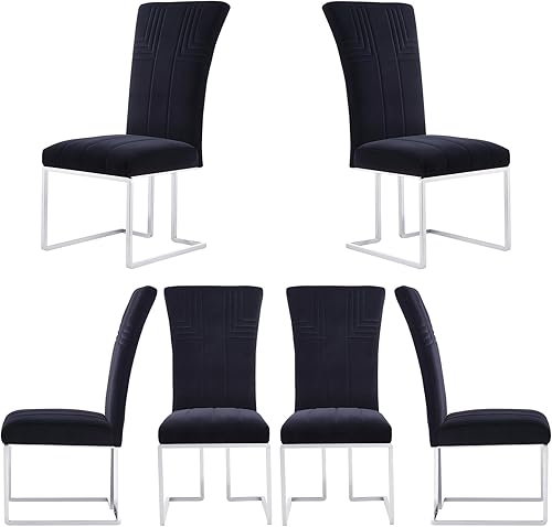 Miniatura 18 de AUZ Juego de 6 sillas de comedor de terciopelo negro y dorado con patas de trineo de acero inoxidable pulido, sillas de cocina tapizadas con Negro