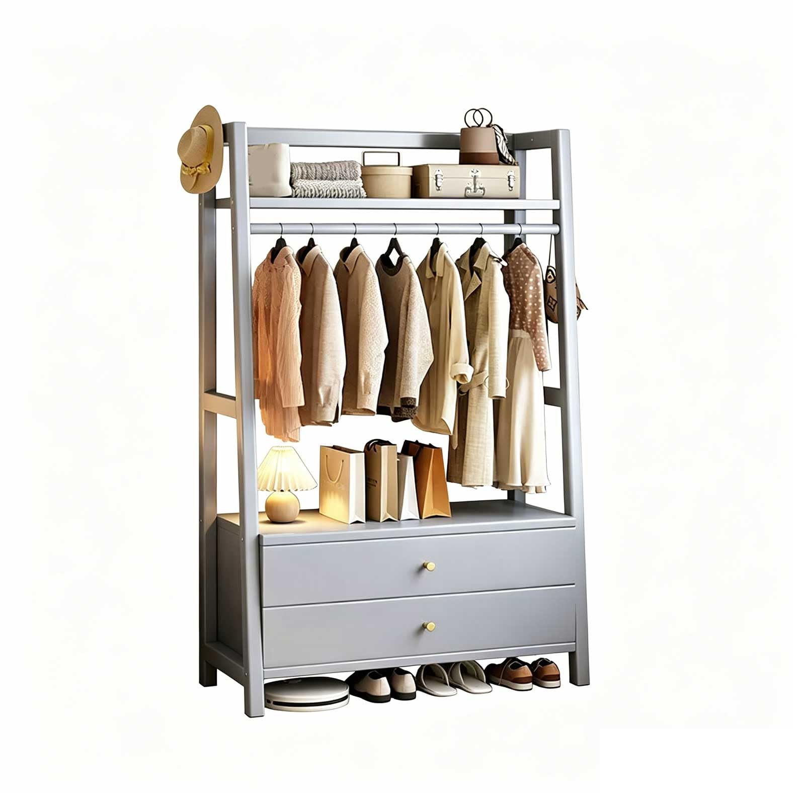 Kiboncy D Soli Woo Clothes Rack With Rawers An Storage Shelves, Freestanding Open Multifunctional Garment Rack For Bedroom, Entryway(,120X40x170cm)