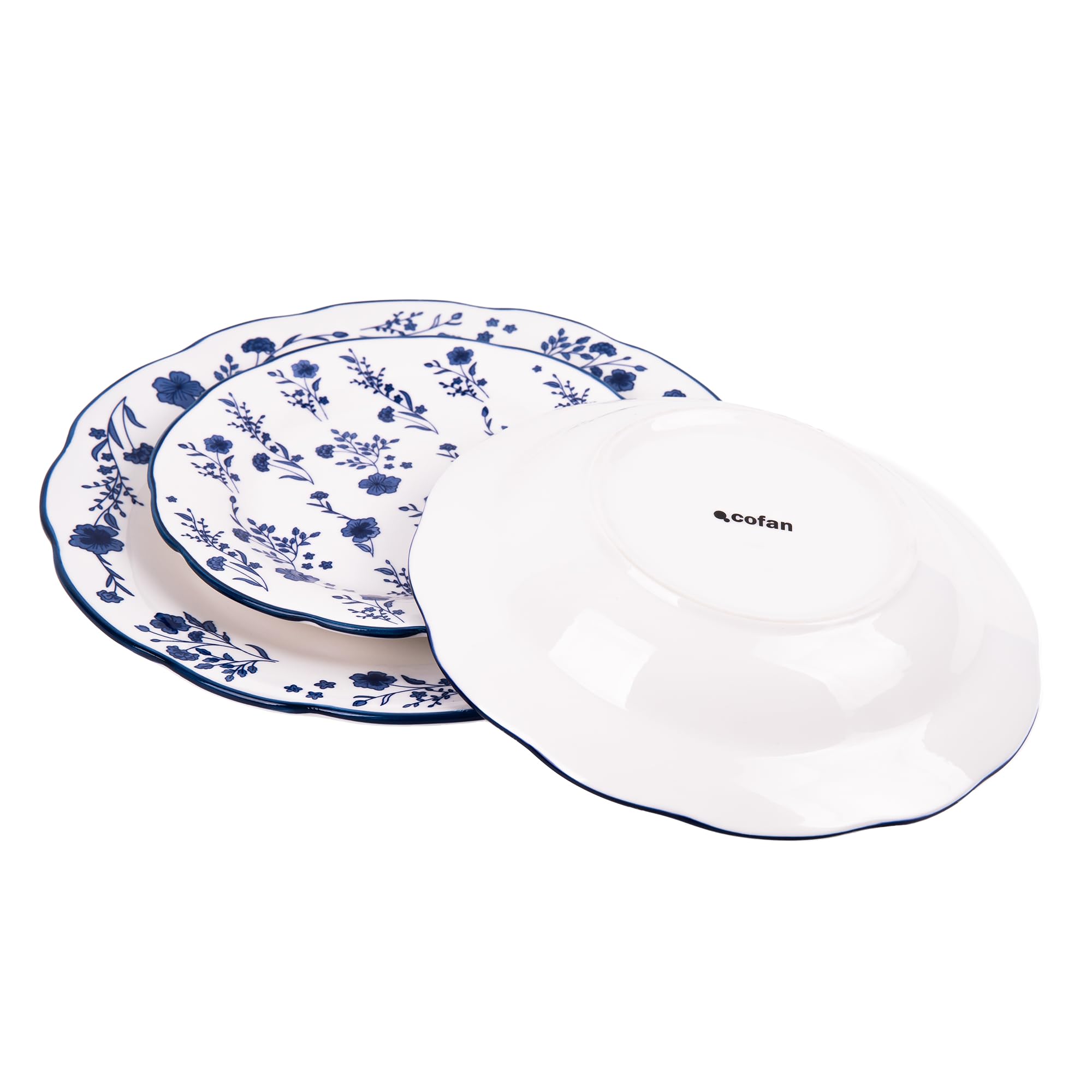 Cofan Servizio da tavola in porcellana smaltata | Set da 18 pezzi | motivo floreale blu e bianco | Lavabile in lavastoviglie, forno a microonde e forno