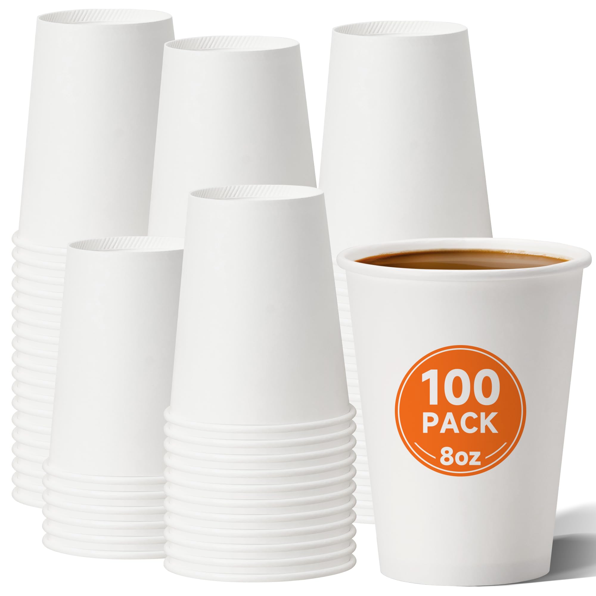 100 Pack Paper Cups, 8 oz Disposable Coffee Cup, White Paper Cups, Hot Beverage Drinking Cup for Parties, Travel, and Events