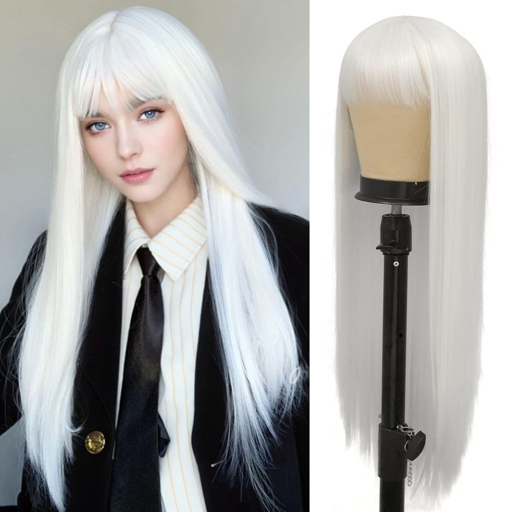 Siudus Womens White Straight Long Wigs with Bangs Cosplay Synthetic Fibre Hair Wig for Party Halloween Use