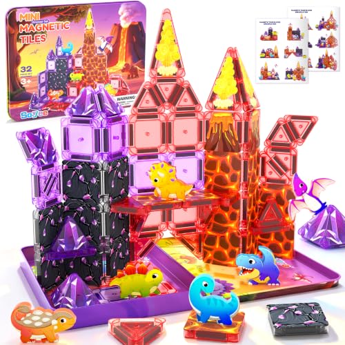Image of Mini Magnetic Tiles Kids Dinosaur Toys, Magnetic Blocks with 6 Dinosaurs | Road Trip Essentials for Car & Airplane Magnet Tiles STEM Construction Building Toys, Gifts & Toys for Boys Girls Ages 3-12