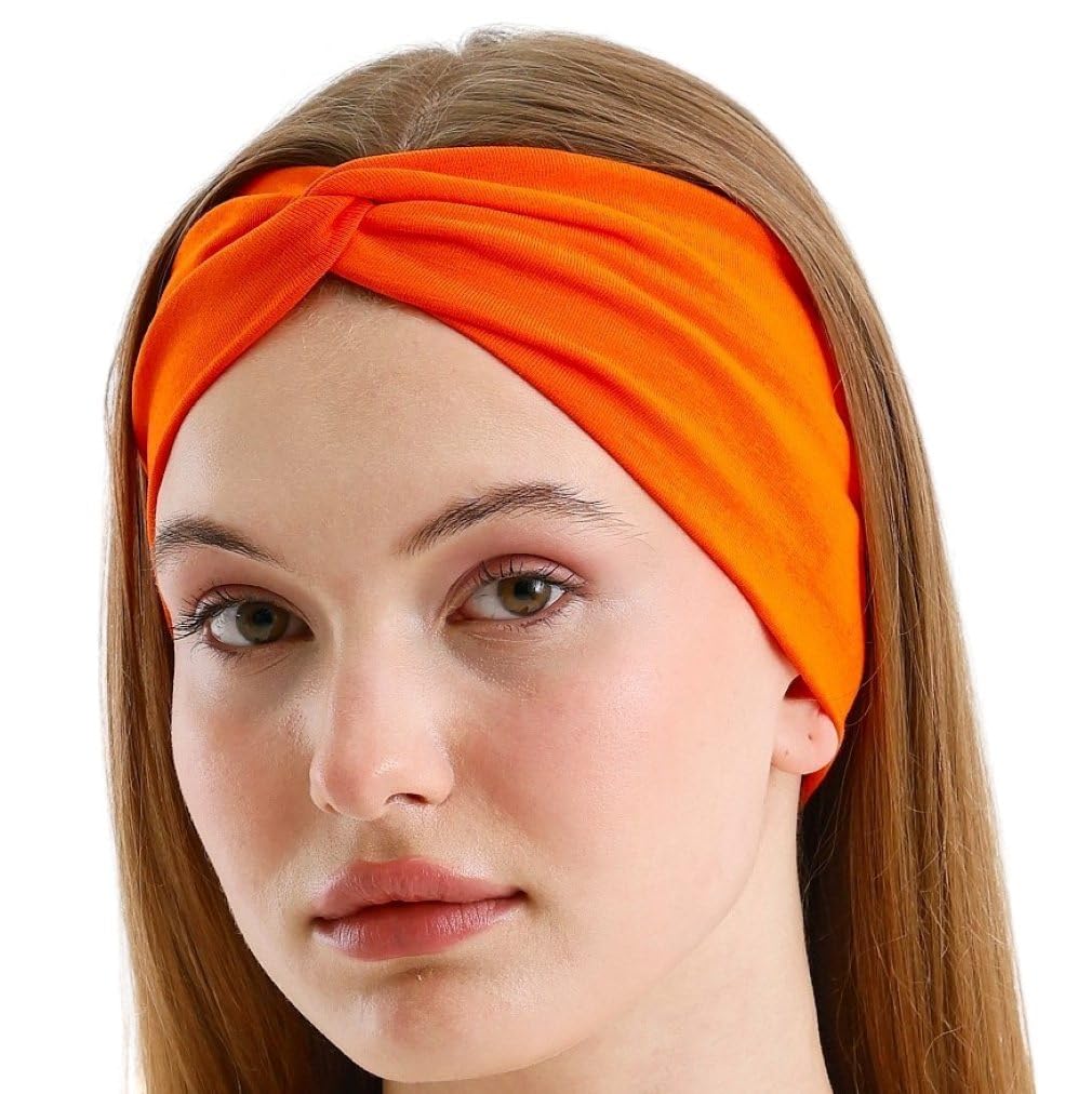 BABYGIZ Women's Stretchy Twist Soft Cotton Headbands, Solid Colour, Non-Slip Fashion Sports Hair Bands for Women Yoga, Workout, Running (Orange, 1 Size)