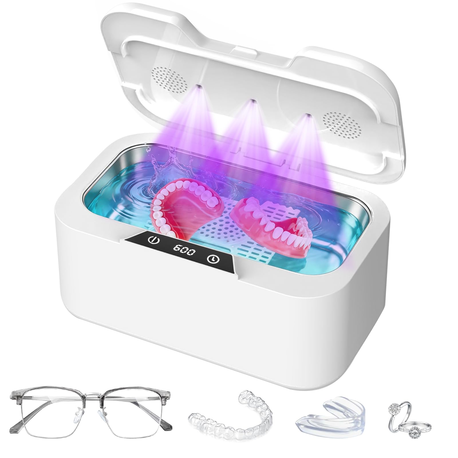 Ultraschallreinigungsgerät mit UV 500 ML, 45 kHz ultraschallreiniger 4 Timer-Modi, Ultrasonic Cleaner für Schmuck, Zahnersatz, Retainer, Aligner Zahnschiene und Prothesen