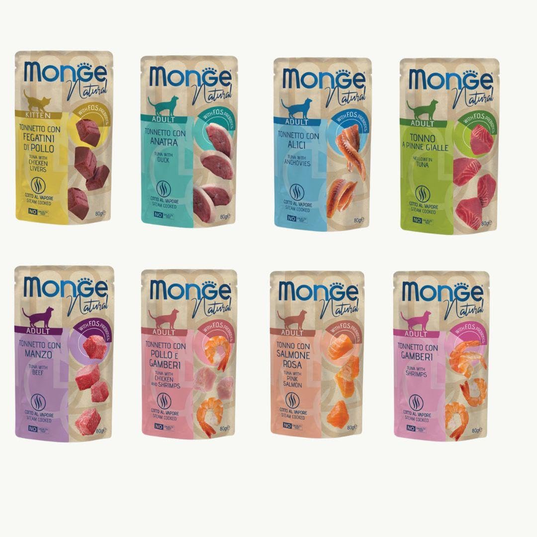 Monge Natural Bustine gatto, alimento completo per gatti, monge umido gatto gusti Assortiti | 24 bustine da 80 grammi l’una.