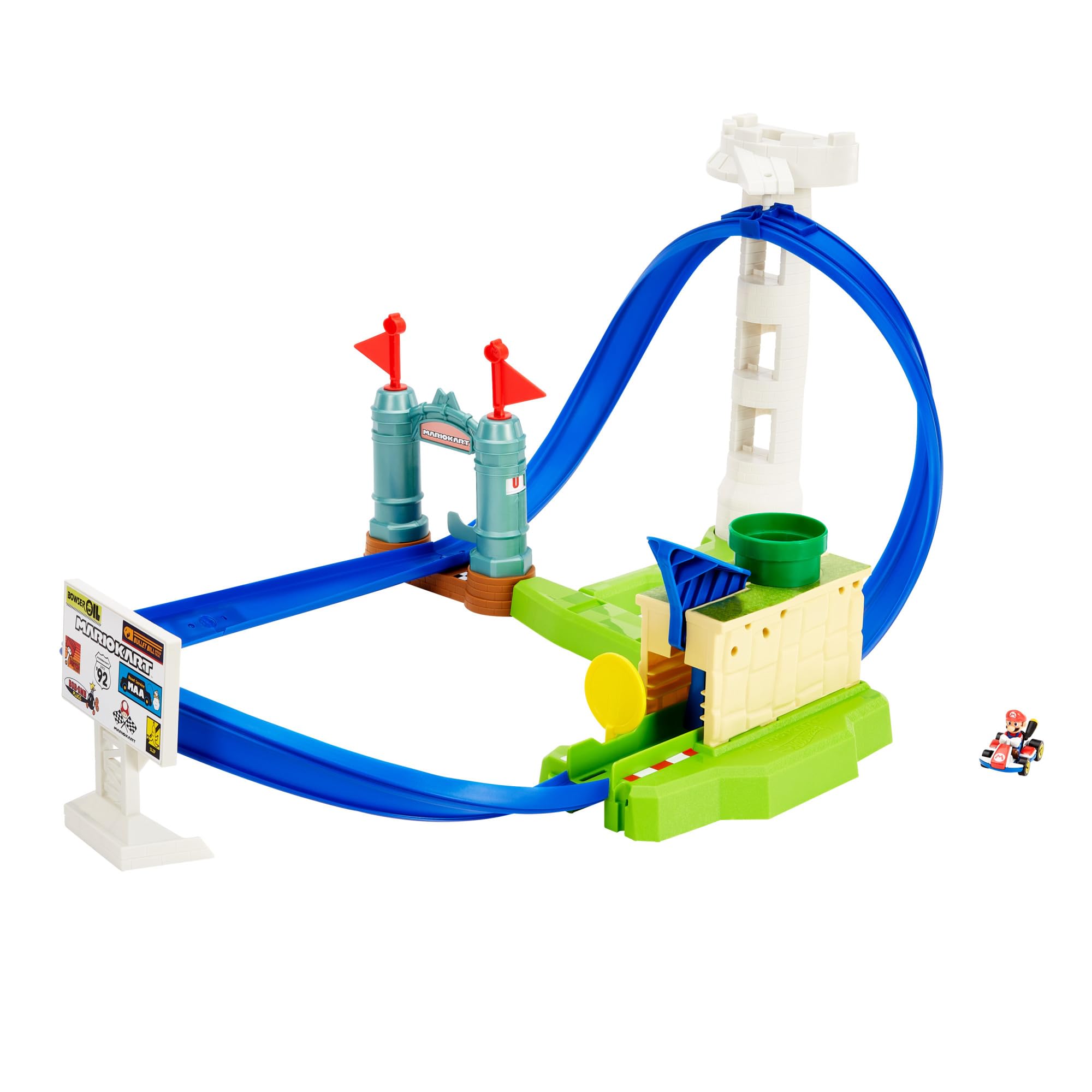 Hot Wheels Mario Kart - Sfida in Circuito, pista ispirata al videogioco con Kart di Mario incluso, lanciatore per farlo sfrecciare tra curve e ostacoli e torre per il parcheggio, HGK59