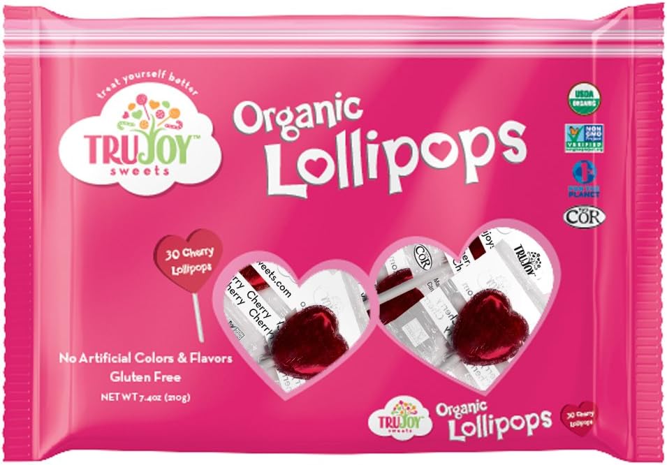 TruJoy Sweets Organic Heart Lollipops, 7.4 Ounce (Pack of 6)