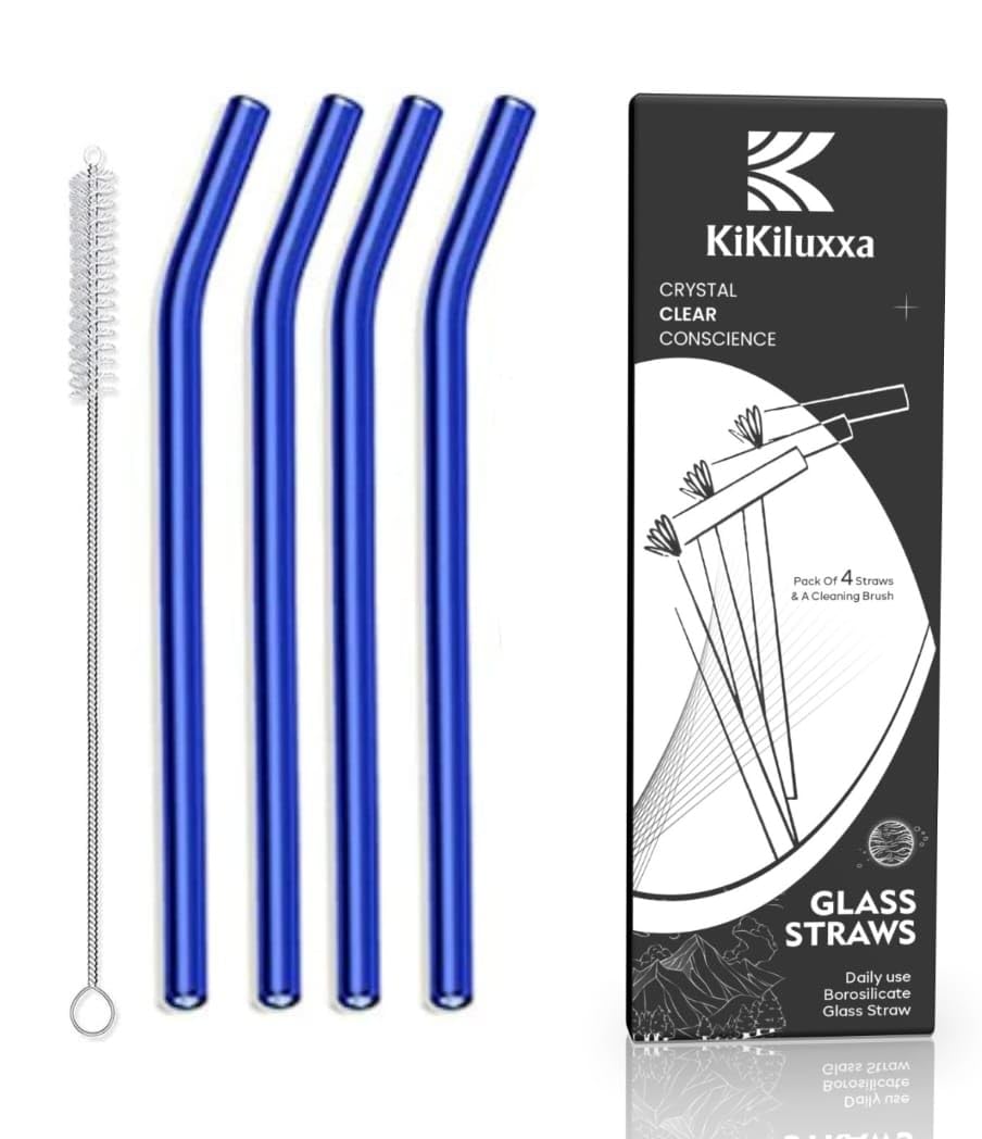 KiKiluxxa Glass Straws with Cleaning Brush -4 Transparent Straws & 1 Cleaner - Pack of 5pcs- Clear Reusable, Elegant Alternate to for Drinking Juice, Smoothie -Only Blue Clour (BL4+1)