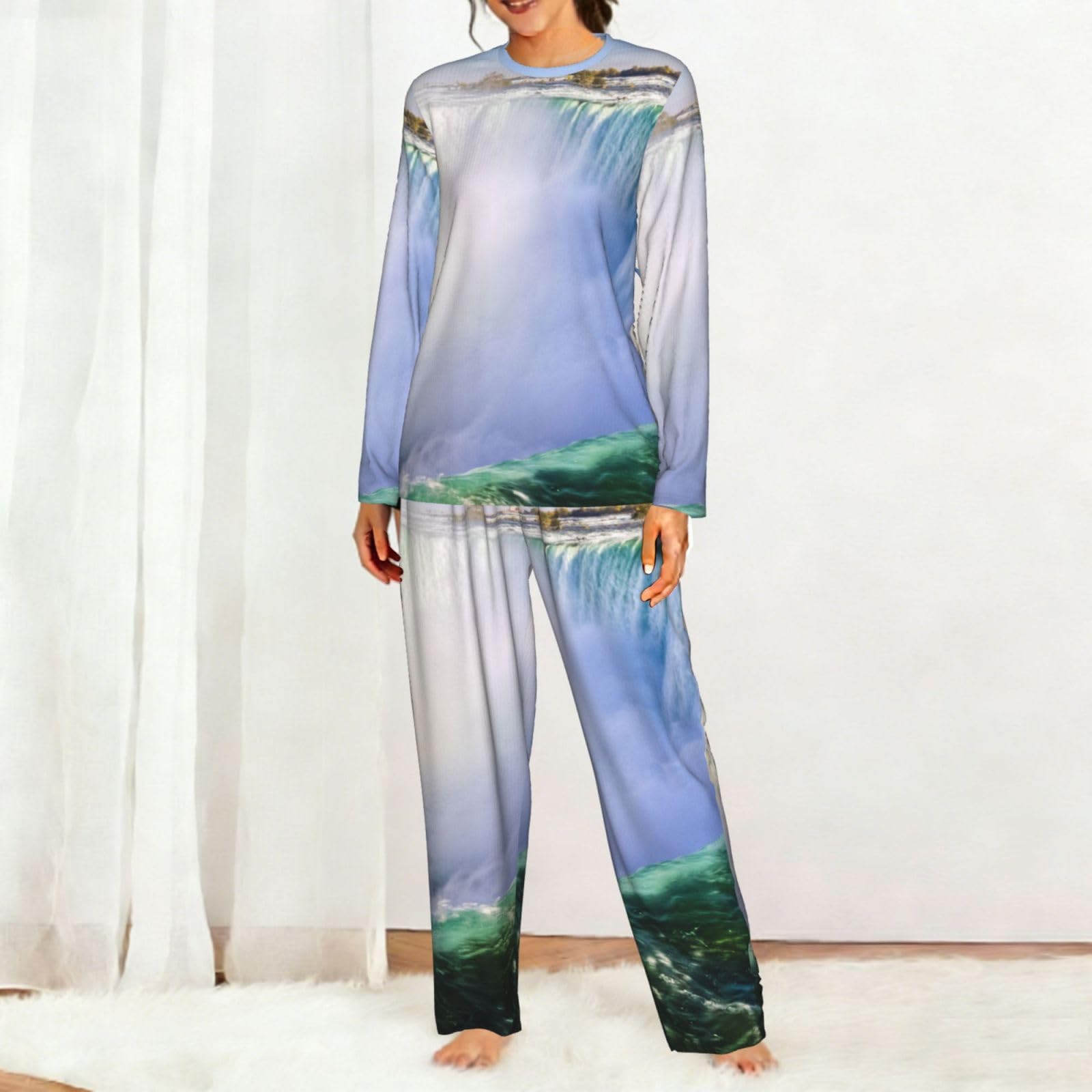 Cascata E Arcobaleno Stampa Delle Donne Maniche Lunghe Pigiama Set Morbido Elastico Coulisse Casual Daywear