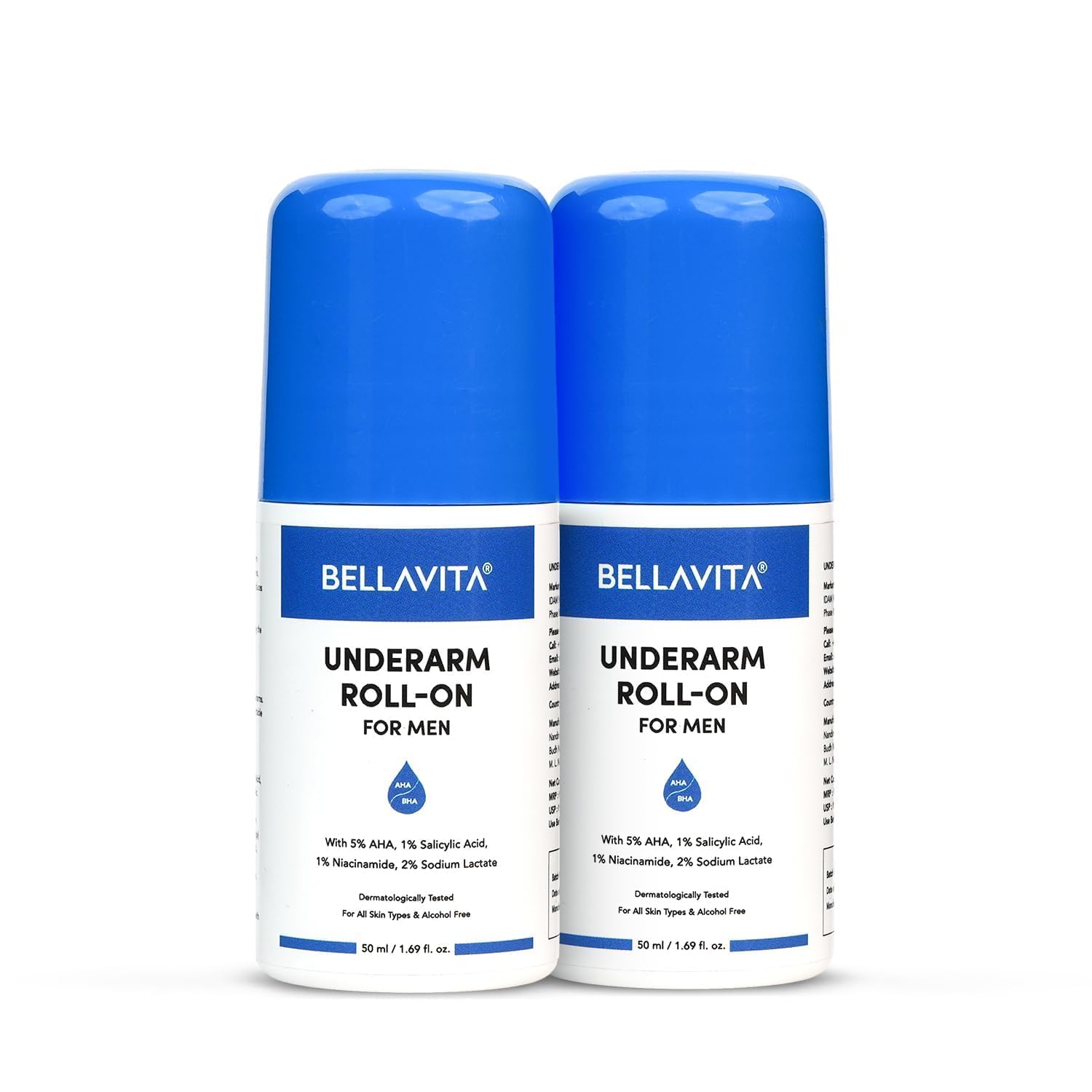 BELLAVITA Underarm Roll On Deodorant for Men |Control Odour|Alcohol-Free| Antiperspirant for Long Lasting Freshness, 50ml Each (Pack of 2)