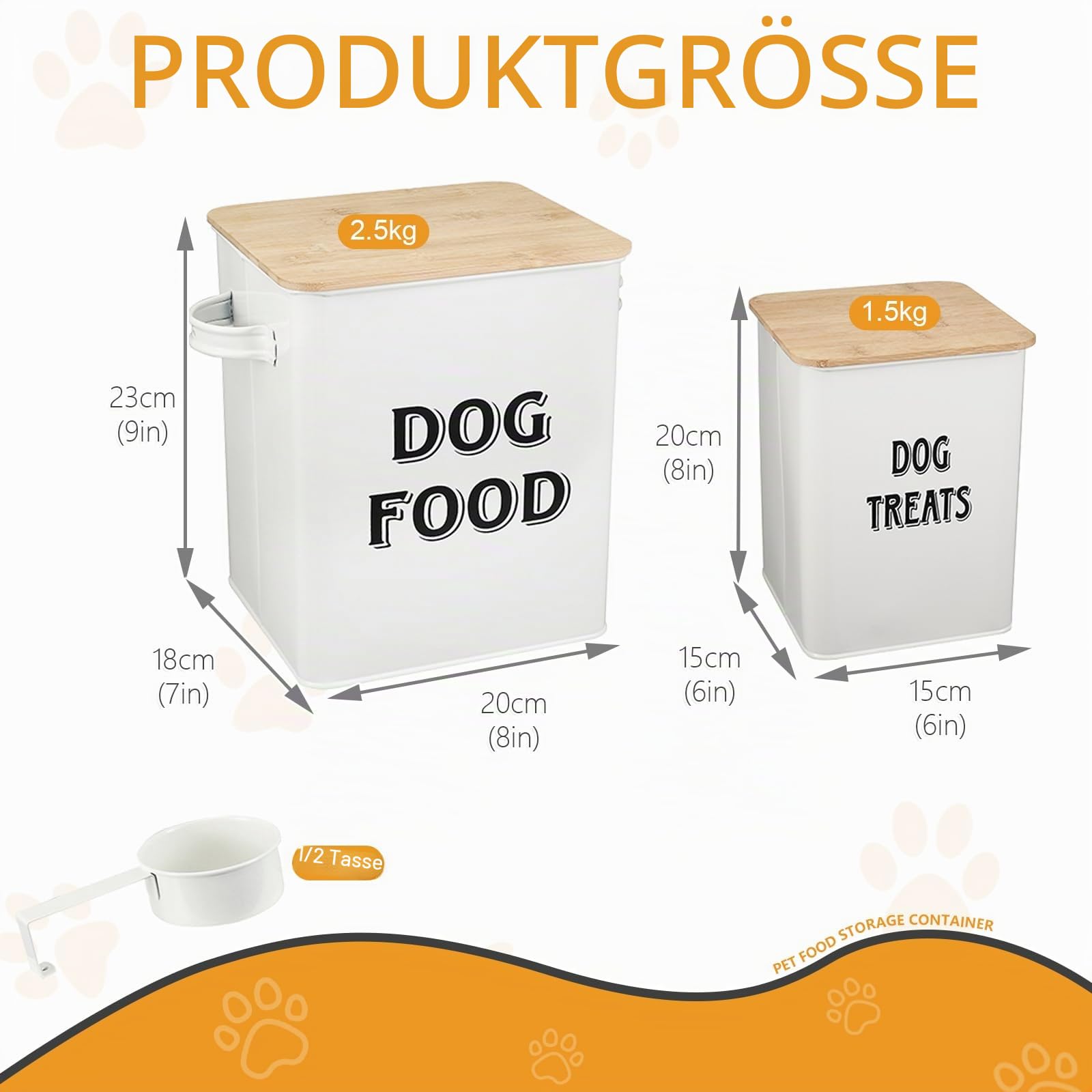 Pethiy Hundefutter und Hundeleckerlis Behälter,Futtertonne mit Schaufel,Eng anliegende Holzdeckel,beschichteter Kohlenstoffstahl,Aufbewahrungsbehälter Dosen,vorratsbehälter für hundefutter -Weiß