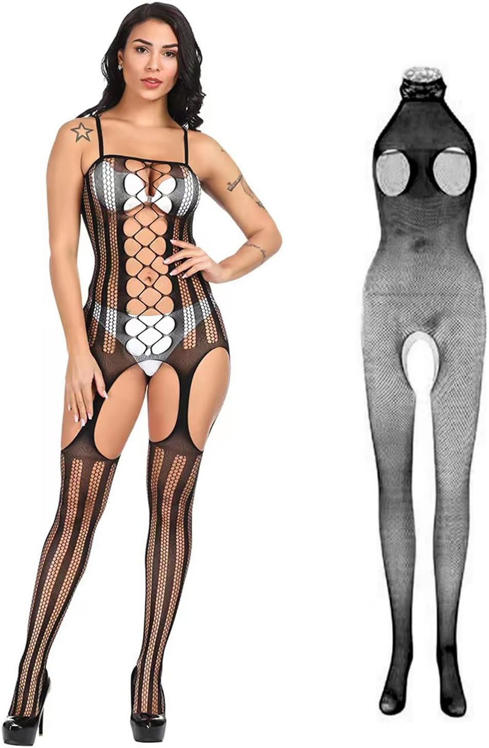 2Pcs Women Fishnet Bodysuits, Stockings Lace Sleepwear Lingerie for Couple Dating Nightwear, Black281
