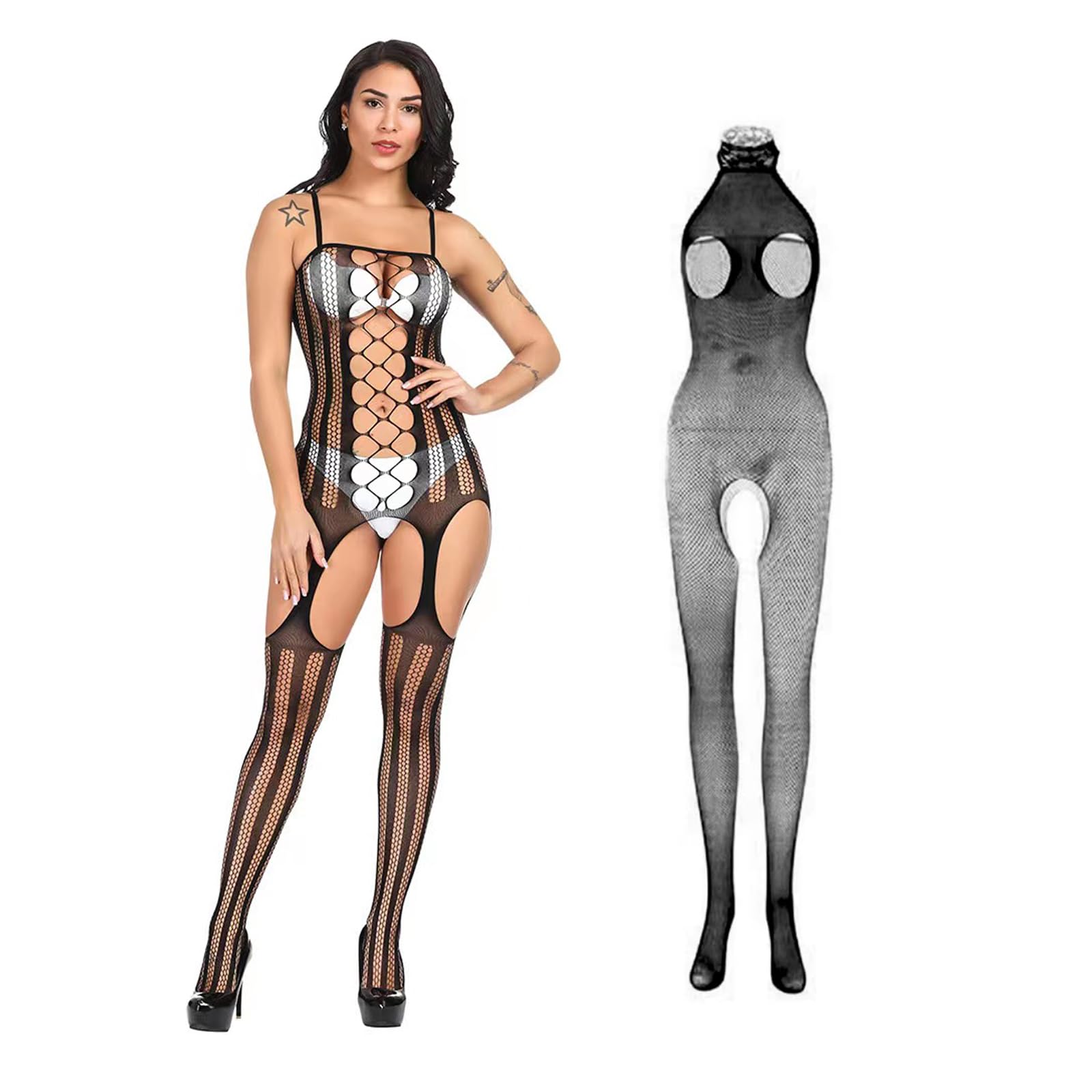 2Pcs Women Fishnet Bodysuits, Stockings Lace Sleepwear Lingerie for Couple Dating Nightwear, Black281