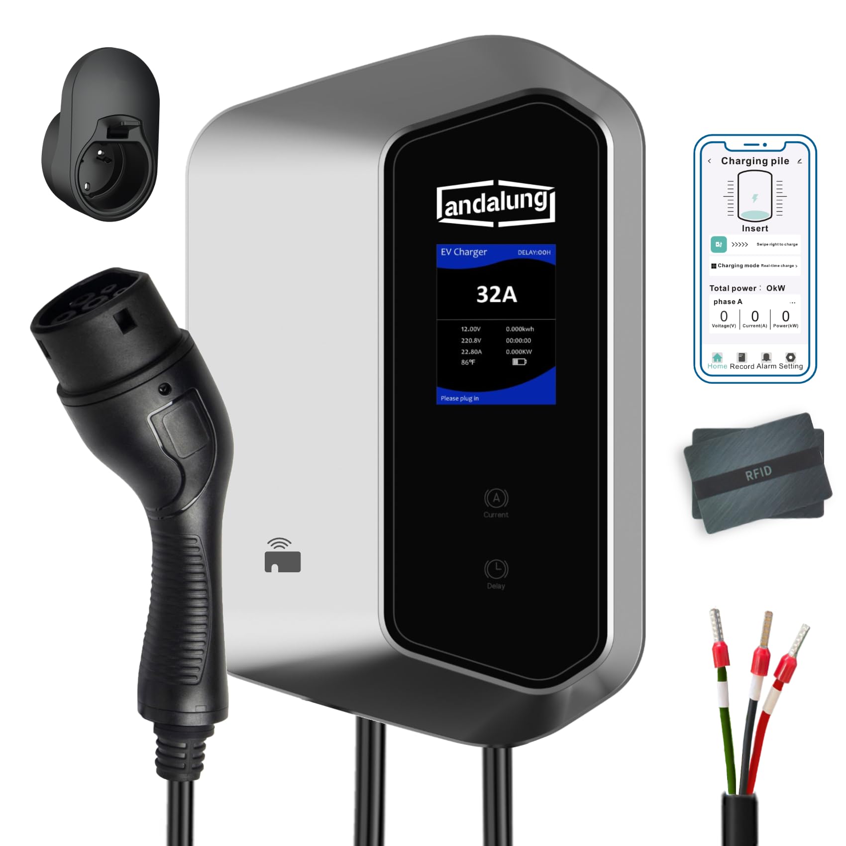 Caricatore EV 7kW, 200-250V monofase, tipo 2, 6-32A, cavo da 10 m, Controllo tramite APP via Wi-Fi, IP65, adatto per tutti i veicoli elettrici