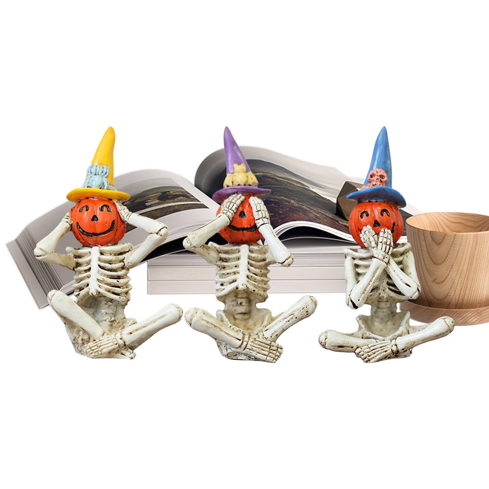 Décor Horreur Halloween ne vois entends dis rien avec statue de squelette en résine