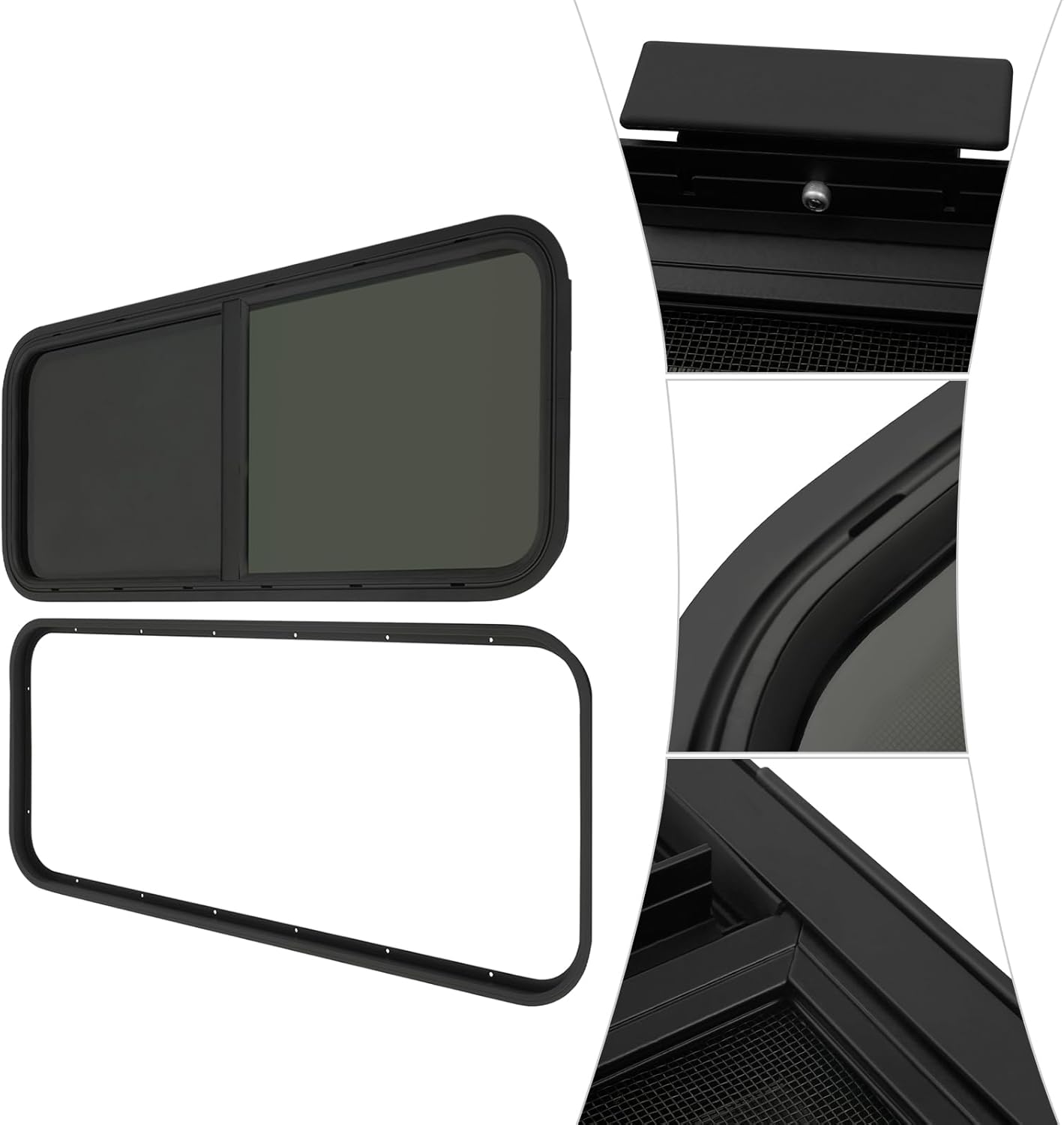 RV Window, 42" W X 22" H Teardrop Horizontal Sliding Window W/Trim Ring for 1.5" Wall and Mesh Screen, Black Powder Coated Tempered Glass
