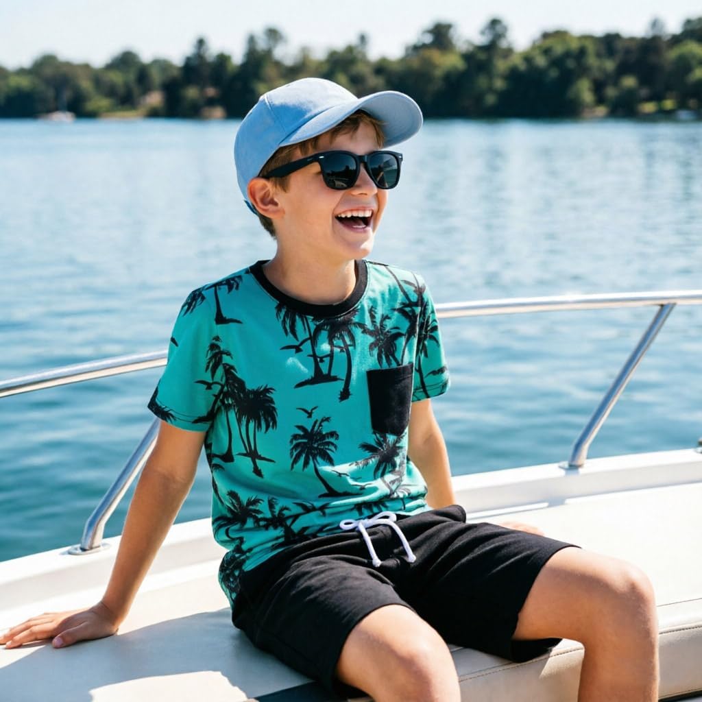 Boys 2 Piece Summer Clothes, Hawaiian Tropical Print Short Sleeve T-Shirt+Shorts Sets