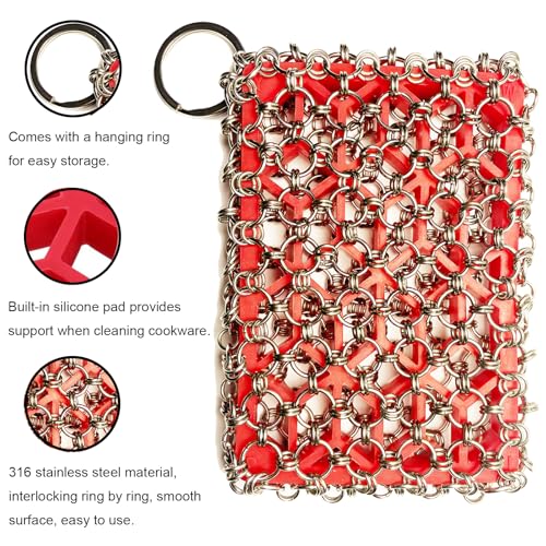 Image of 2PCS Cast Iron Scrubber, Stainless Steel Silicone Core Skillet Chainmail Scrubber Brush for Cleaning Pans, Cookware, Cups