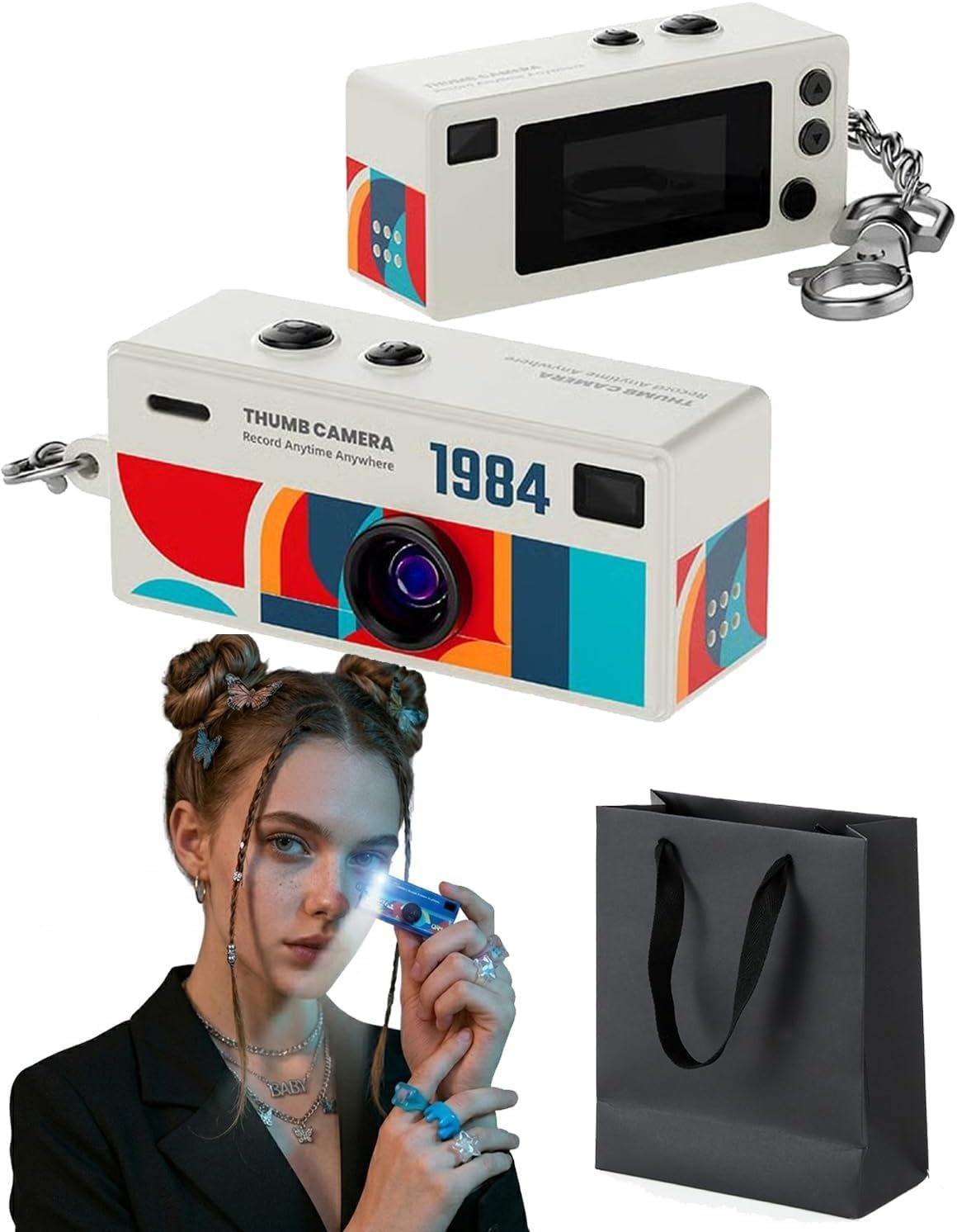 Mini Thumb Camera, 1080P HD Portable Keychain Mini Digital Camera 32GB TF Card with 130° Wide Angle and LCD Screen, Retro Pocket Video Recorder for Travel, Study and Daily Life (White)