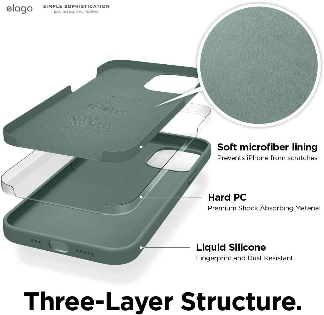 elago Compatible with iPhone 12 Case and Compatible with iPhone 12 Pro Case 6.1 inch, Liquid Silicone Case, Full Body Protection (Screen & Camera Protection), Soft Microfiber Lining - Midnight Green