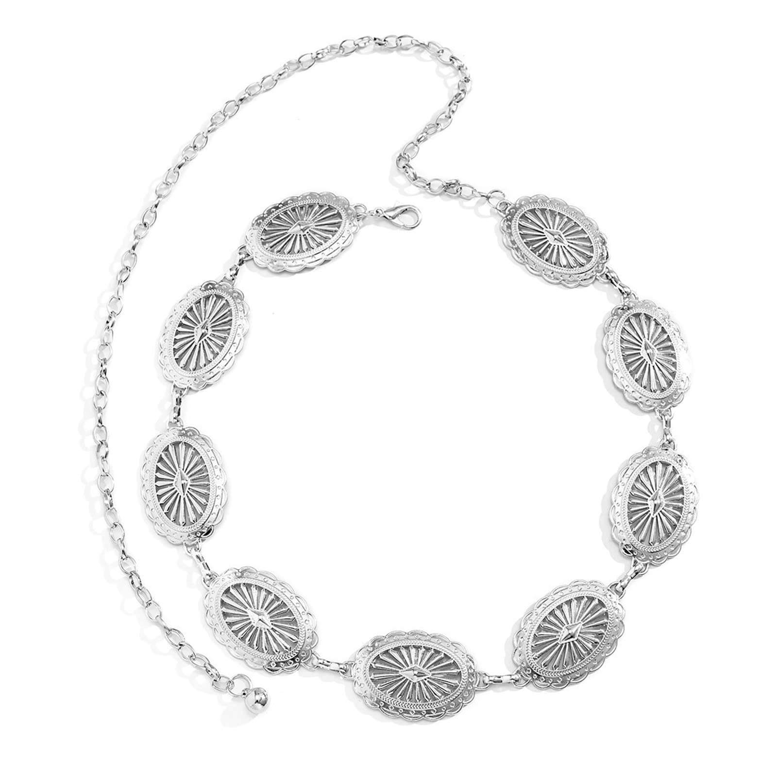 Cinture a Catena di Fiori Occidentali per Donna, Catene in Vita per Jeans placcate in Argento con Catena in Vita a Fiori Cavi 43 Pollici (110 cm)