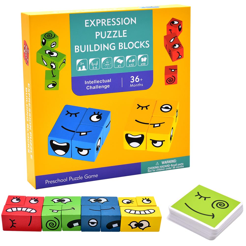 Wooden Face -Changing Magic Cube Game,Expressions Block Puzzle Game,12 Wooden Puzzle Block Toys,50 Expression Cards, Board Games for Family Night, Thinking Training Educational Toy for Kids Ages 3+