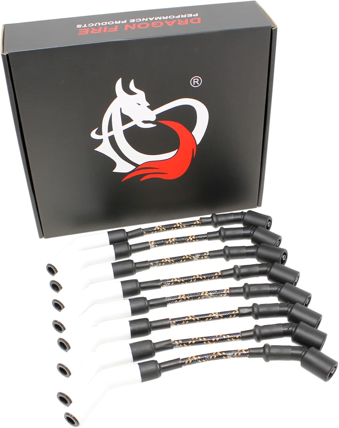 DRAGON FIRE PERFORMANCE WHITE CERAMIC Vintage Cloth Braided Plug Wire Set Compatible Replacement With 1999-2019 Buick Chevy Cadillac LS V8 Replaces 48322R 748RR 12495519 6718062 Oem Fit PWJ256WC-BLKBR