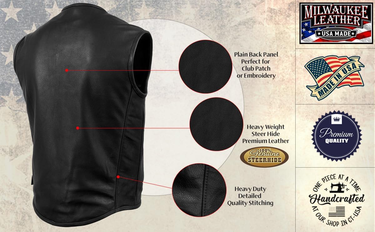 Milwaukee Leather USA MADE MLVSM5001 Men's Black Steerhide Premium Leather Motorcycle Club Style Vest - Image 4