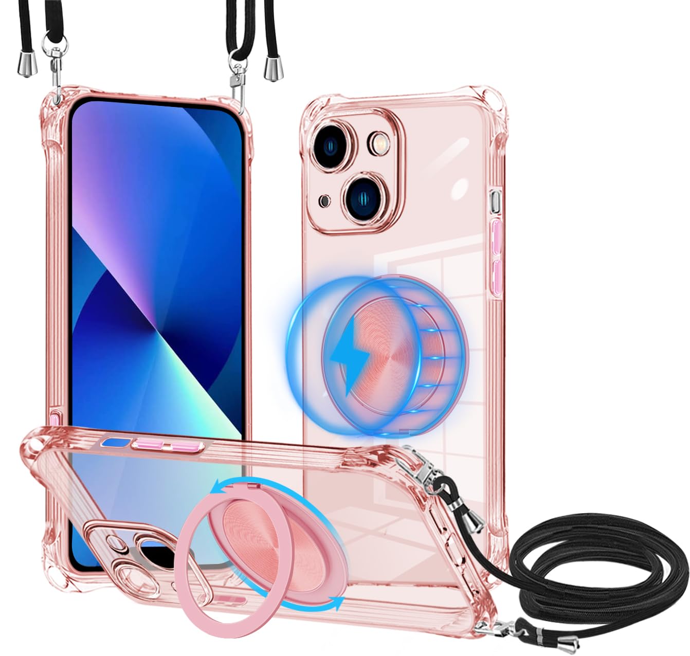 iPhone 13保護ケースMagSafe対応360度回転リングブラケットワイヤレス充電可能iPhone 13首掛け肩掛け背斜掛け設計ストラップ着脱調節可能耐衝撃TPU薄材質ブラケットサポート横縦画面 車載対応 全方位保護便利