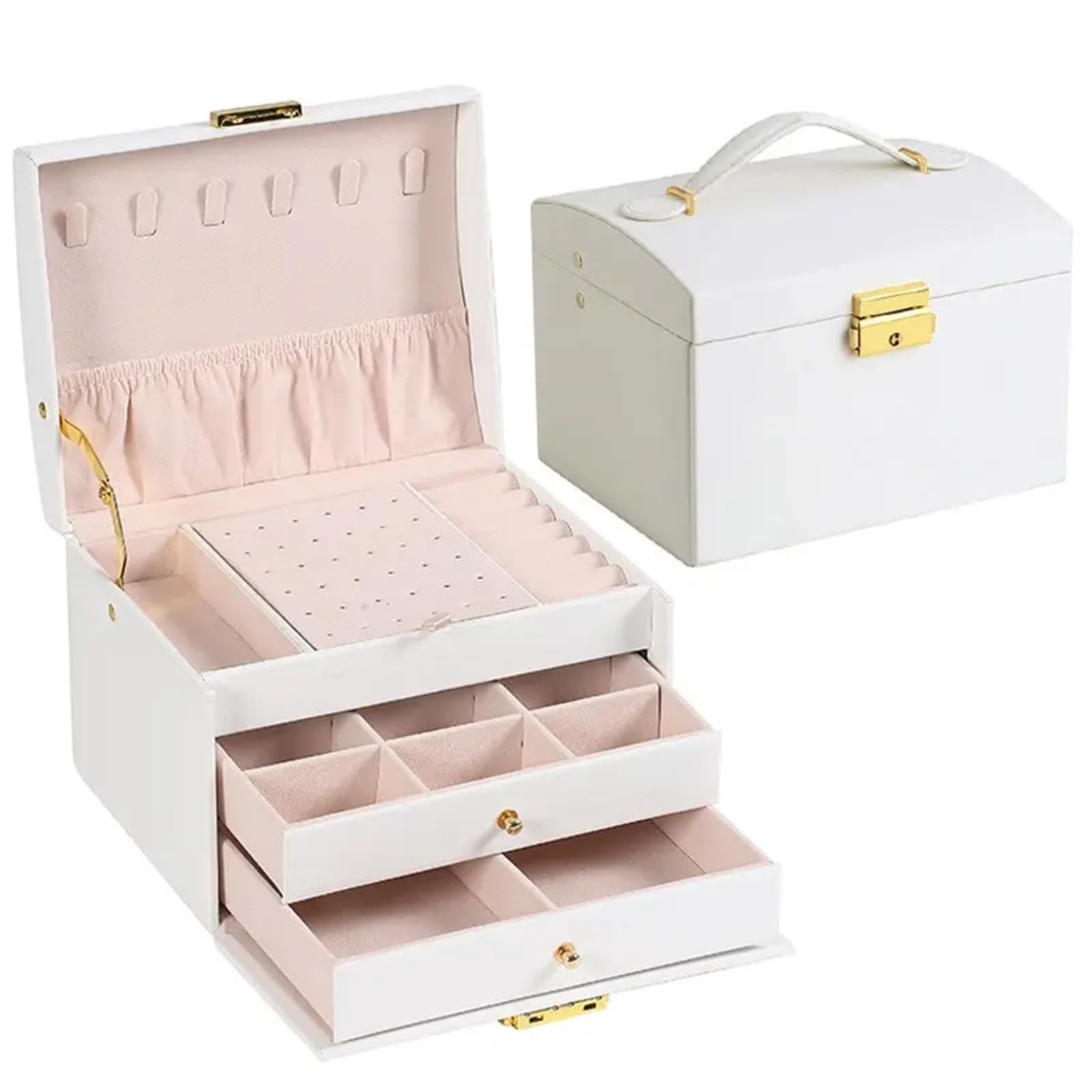 Caja Para Joyas 1 Uds. Caja de joyería multifuncional tres capas cuero estilo cajón, pendientes, cerradura, caja(White)