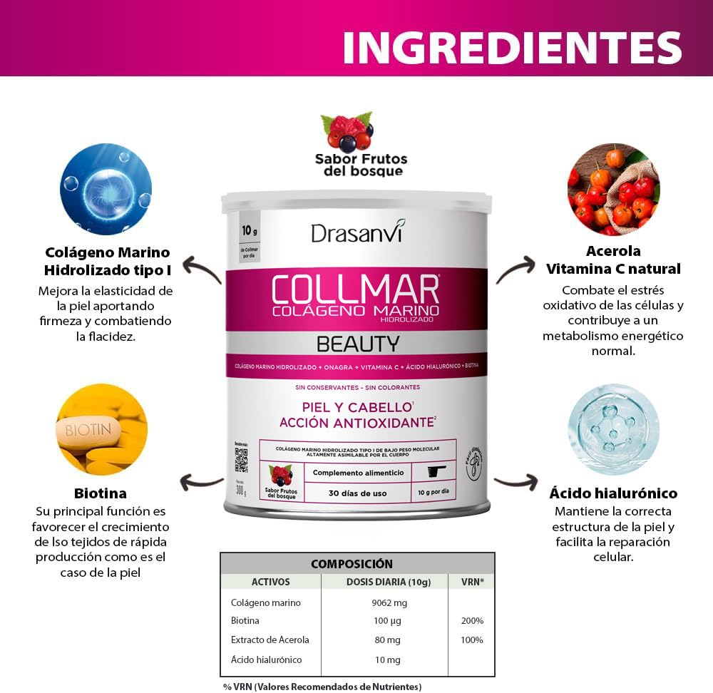 DRASANVI COLLMAR BEAUTY COLAGENO ACIDO HIALURONICO | Colágeno Marino Hidrolizado con Vitamina C Natural y Biotina |Beauty Collagen Piel Bonita e Hidratada| Sabor Frutos del Bosque, 300 GR= 30 Días