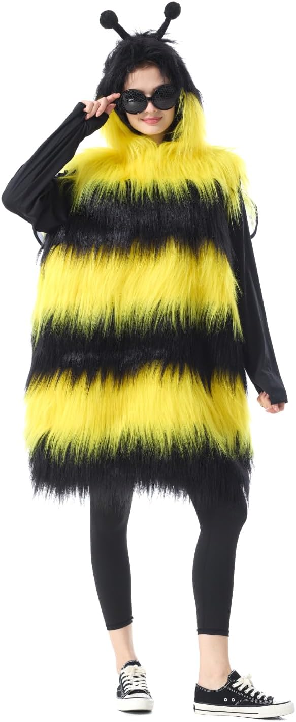 Bumble Bee Costume for Unisex Adults, Furry Hooded Dresses with Tail Headband Wings and Bee Glasses, Cute Funny Animal Cosplay Outfits for Halloween Dress-Up Party, One Size - Image 7
