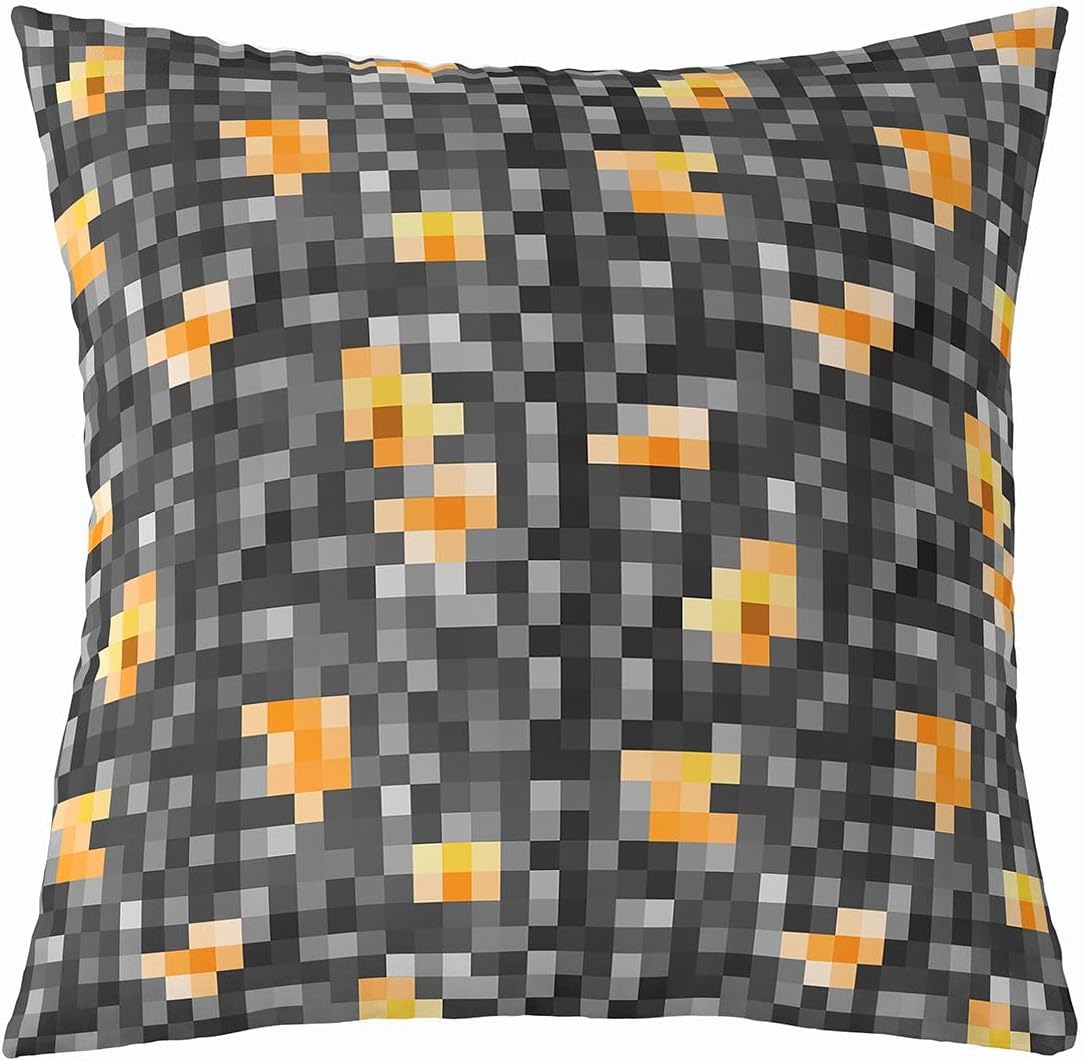 Castle Fairy Pixelated Grid Pillow Cover 24x24 Inch Gray Orange Miner Plaid Cushion Case for Teens Adults Abstract Patchwork Geometric Grid Cushion Cover for Living Room Party