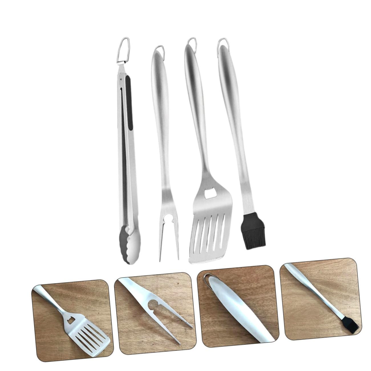 Set Utensili Barbecue Multifunzione in Acciaio Inox | Argento, Leggero e Facile da Trasportare, Forchetta e Pinza per Griglia