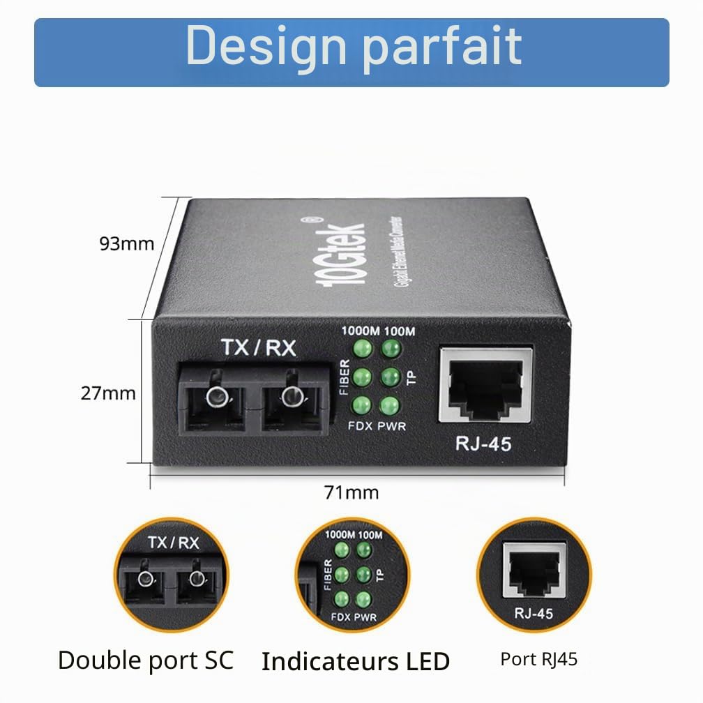 H!Fiber.com Convertisseur de média Gigabit Ethernet, 1.25G SFP vers RJ45 Fibre vers cuivre, Transceiver SFP intégré (1000Base-LX, 20km, monomode dual SC)